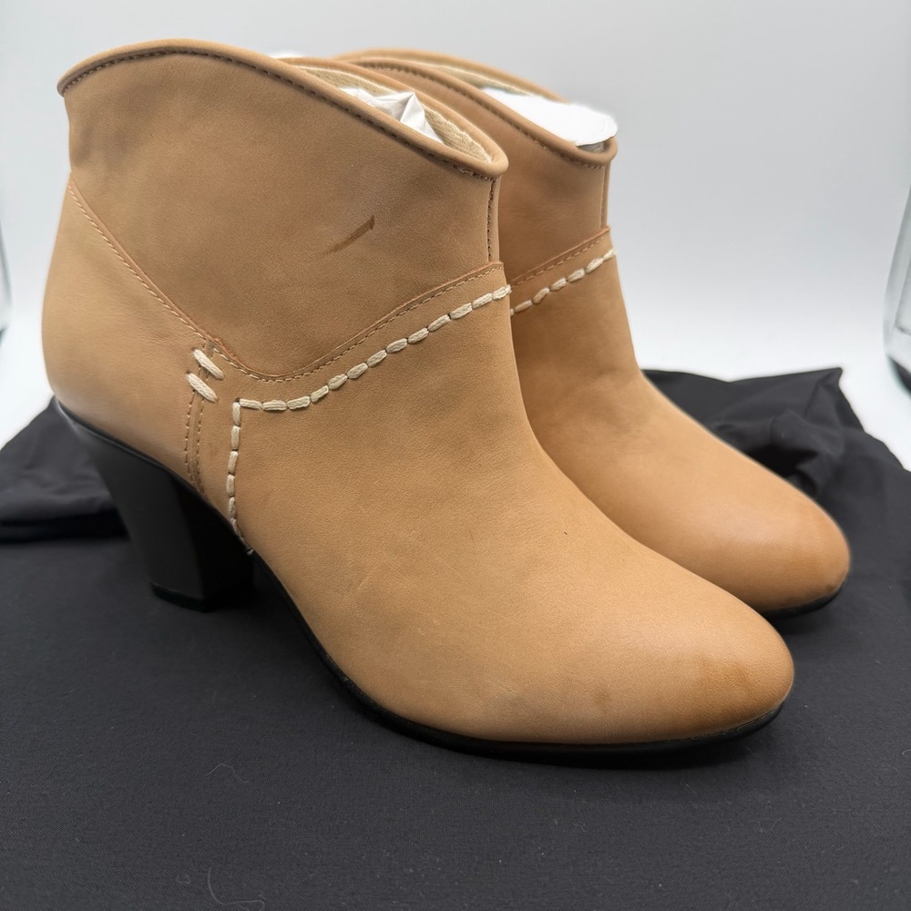 Maje Tan Leather Ankle Boots EU 36 US 5.5 Block Heel Whipstitch Portugal